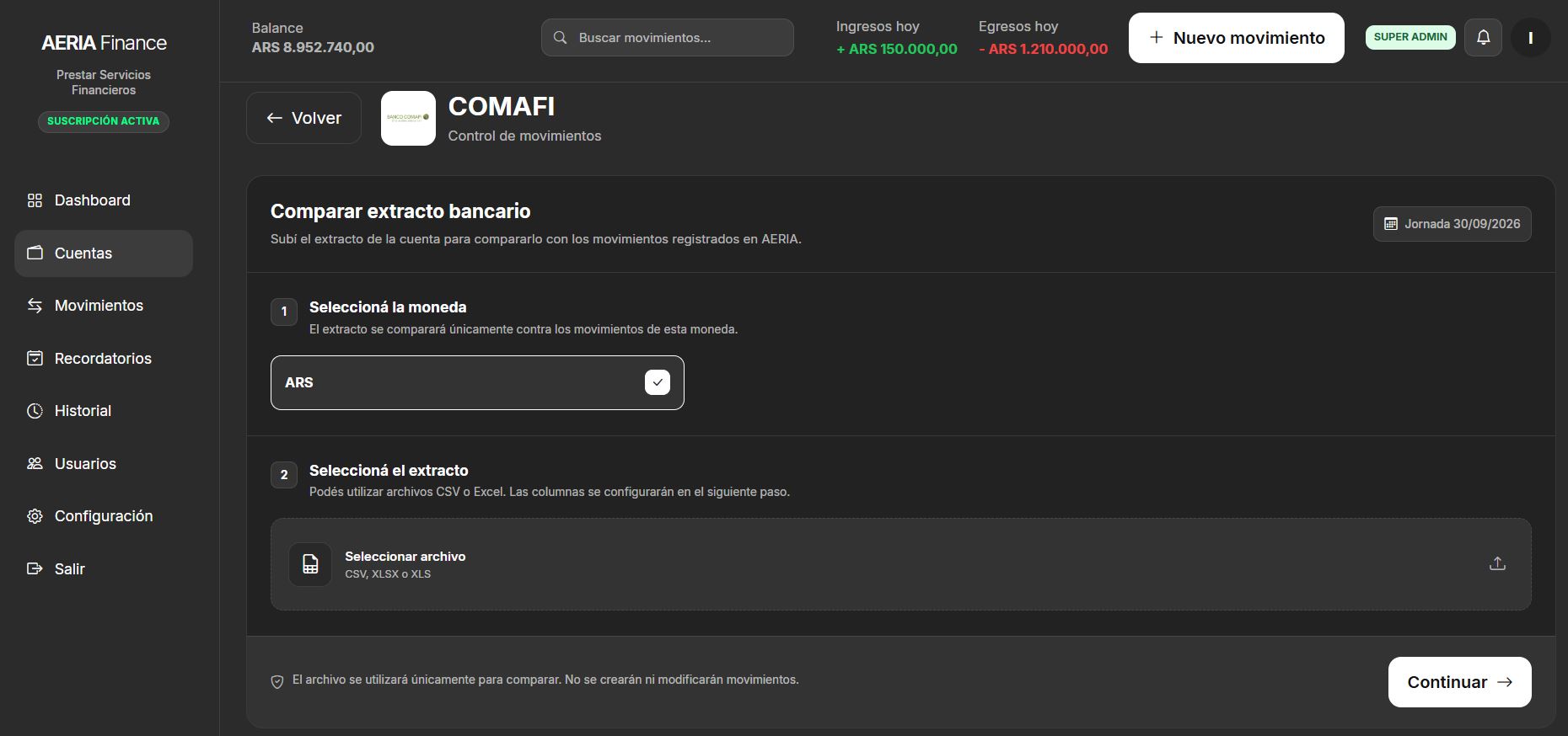 Carga de extracto para controlar movimientos en AERIA Finance