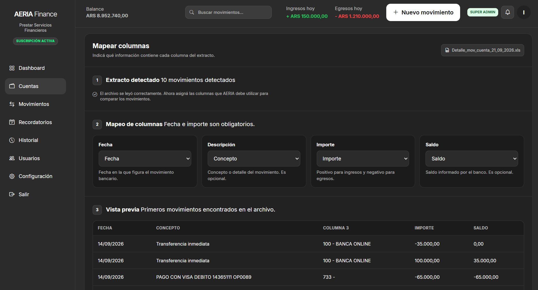 Mapeo de columnas de un extracto en AERIA Finance