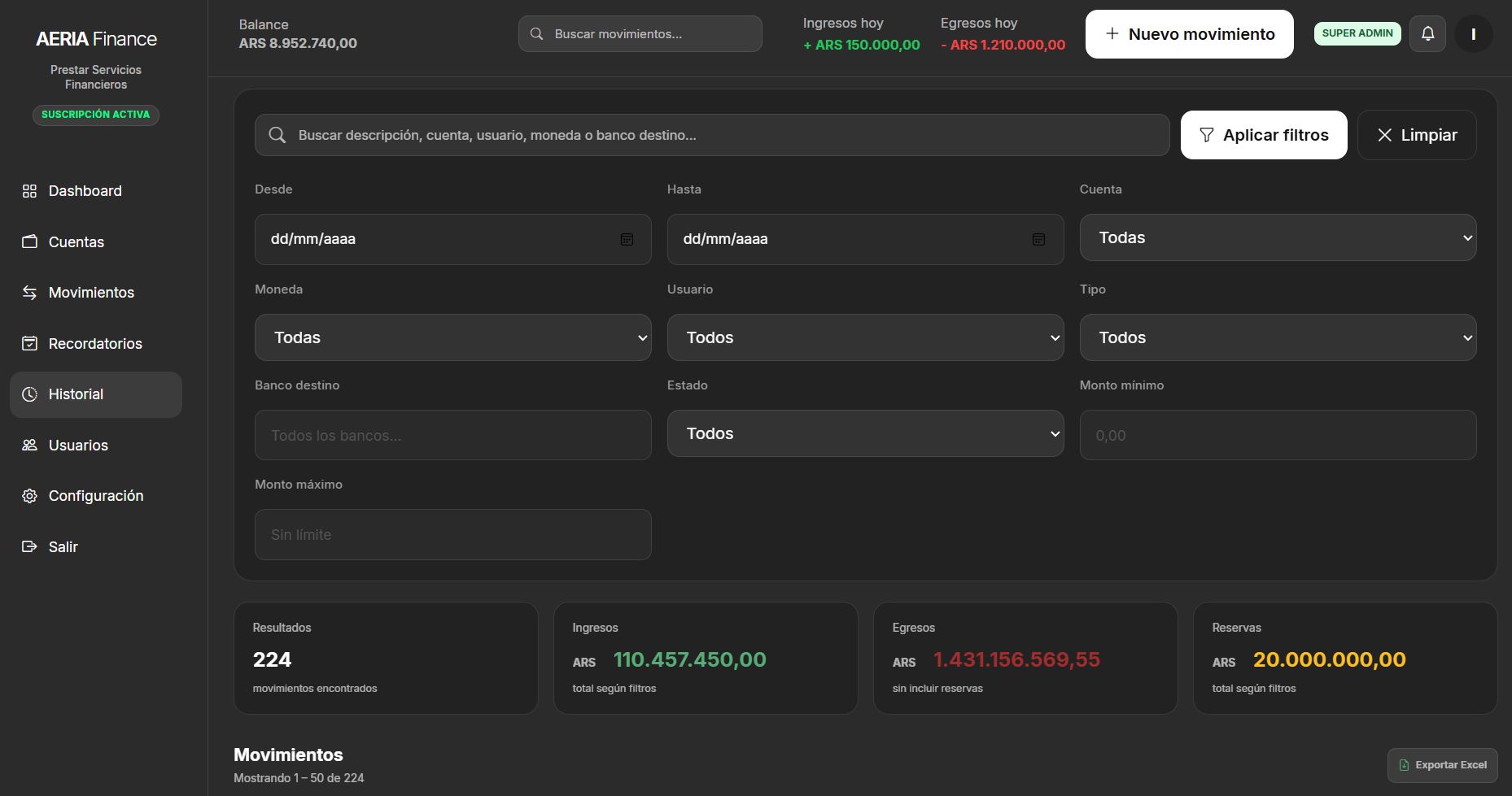 Historial y filtros de movimientos de AERIA Finance